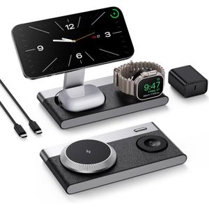 3 in 1 Magnetic Wireless Charging Station for Apple Devices,Foldable Wireless Charger Stand for Magsafe iPhone 17 Air 16/15/14/13/12,Apple Watch,AirPod,Wireless Charger Dock with Night Light (Black)
