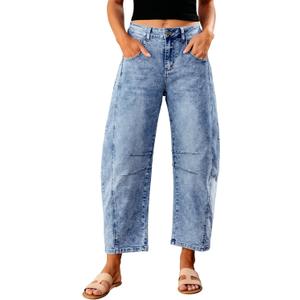 GRAPENT Barrel Jeans for Women Trendy High Waisted Wide Leg Baggy Cropped Relax Fit Stretch Denim Trouser Ankle Pants (Small, Reef Blue)