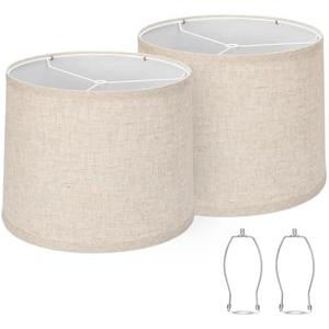 Lampshades Set of 2, Drum Lampshades 11.6" Top x 12.6" Bottom x 9.8" High, Seaside village Medium Lampshades (Spider Fitter), Beige Lampshades Natural Linen Hand Crafted, Easy Assembly Required