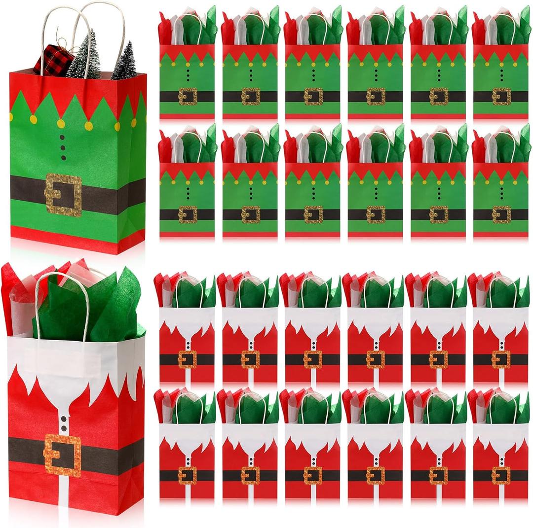 Nuanchu 24 Pack Christmas Paper Gift Bags Bulk with Handles Santa Claus Suit Gift Bags 8.7 x 6.3 x 3.15 Inch with Tissues Assorted Christmas Prints for Wrapping Xmas Party Favor