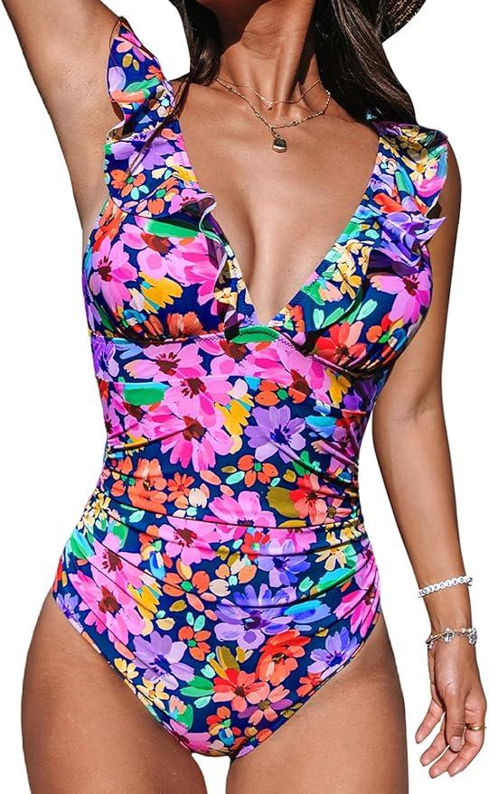 CUPSHE Women's Ruffled One Piece Swimsuit V Neck Lace Up XL
