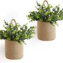 Dahey 2 Pack Wall Hanging Rope Basket (5.5"W6.2"H) with Artificial Eucalyptus, Jute Woven Storage Organizer Flower Plants Basket Farmhouse Rustic Wall Decor for Porch Living Room Bedroom Entryway