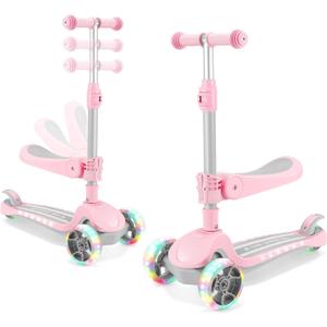 3 Wheel Scooter for Kids Ages 2-10 Years, 2 in 1 Kick Kids Scooter with Swivel Seat, Flashing Wheels and Light up Deck, 4 Adjustable Heights, Lean to Steer, Suitable for Boys & Girls Aged 2+ (Pink)