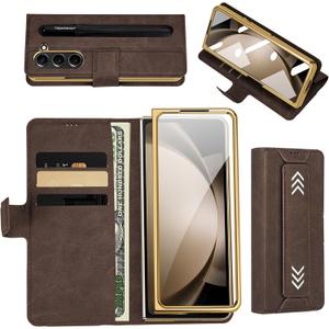 for Samsung Galaxy Z Fold 5 Case with S Pen Holder, Card and Cash Slots, HD Tempered Glass Screen Protector, Premium Leather, Magnetic Closure, Kickstand & Wrist Strap (Coffee)