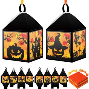 Pajean 16 Sets Halloween Lantern Crafts Set Halloween Suncatchers Tissue Paper Set DIY Pumpkin Cat Spider Castle Glass Make Your Own Ornament for Window Classroom Art Party Decorations Gift