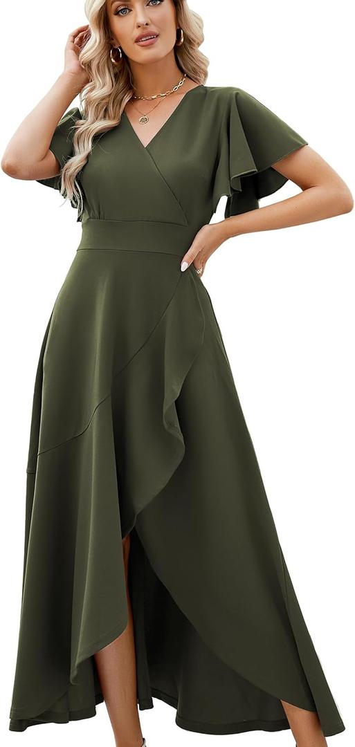 Long Black Formal Dresses for Women Gowns Evening Party Cocktail Dress,Split Elegant V Neck Wrap Ruffle Wedding Guest Dresses (Large, Army Green)