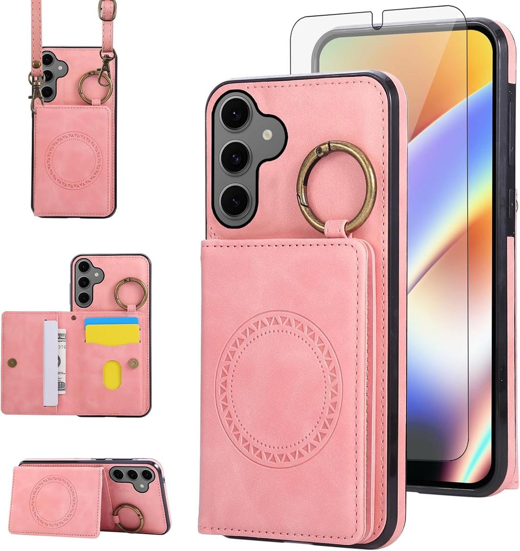 Compatible with Samsung Galaxy S26 Plus S26+ 5G Wallet Case and Screen Protector Crossbody Shoulder Strap Ring Buckle Stand Card Holder Magnetic Car Mount Phone Cover for S26Plus 26S + S 26 26+ Pink