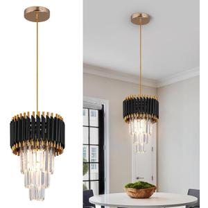 Crystal Chandelier Gold Pendant Light Fixtures Modern Round Crystal Pendant Light for Kitchen Island D9'' Luxury Hanging Light for Dining Room LED Light with Bulb for Bedroom Living Room (D23-Black)