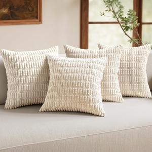MIULEE Pack of 4 Cream White Corduroy Christmas Decorative Throw Pillow Covers 18x18 Inch Soft Boho Striped Pillow Covers Modern Farmhouse Home Decor for Sofa Living Room Couch Bed