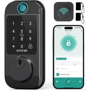 Smart Door Lock WiFi Deadbolt: SMONET Keyless Entry Front Fingerprint Keypad Electronic Digital Locks Alexa Deadbolt Remote Control, Bluetooth APP KeyFob Code Auto-Lock for Home, Black