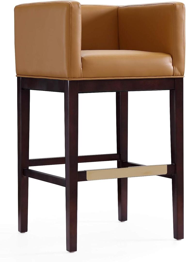 Manhattan Comfort Kingsley Vegan Leather Barstool, Mid Century Modern Design, Walnut Beech Wood with Gold Metal Footrest, Assembled Bar Stool for Kitchen Seating, 30" Seat Height, Set of 1, Camel