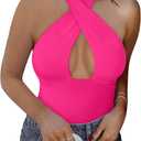 REORIA Butsmooth Women's Trendy Sexy Casual V Neck Double Lined Sleeveless Slimming Going Out Tank Top Bodysuits (Neon Rose Red, XL)