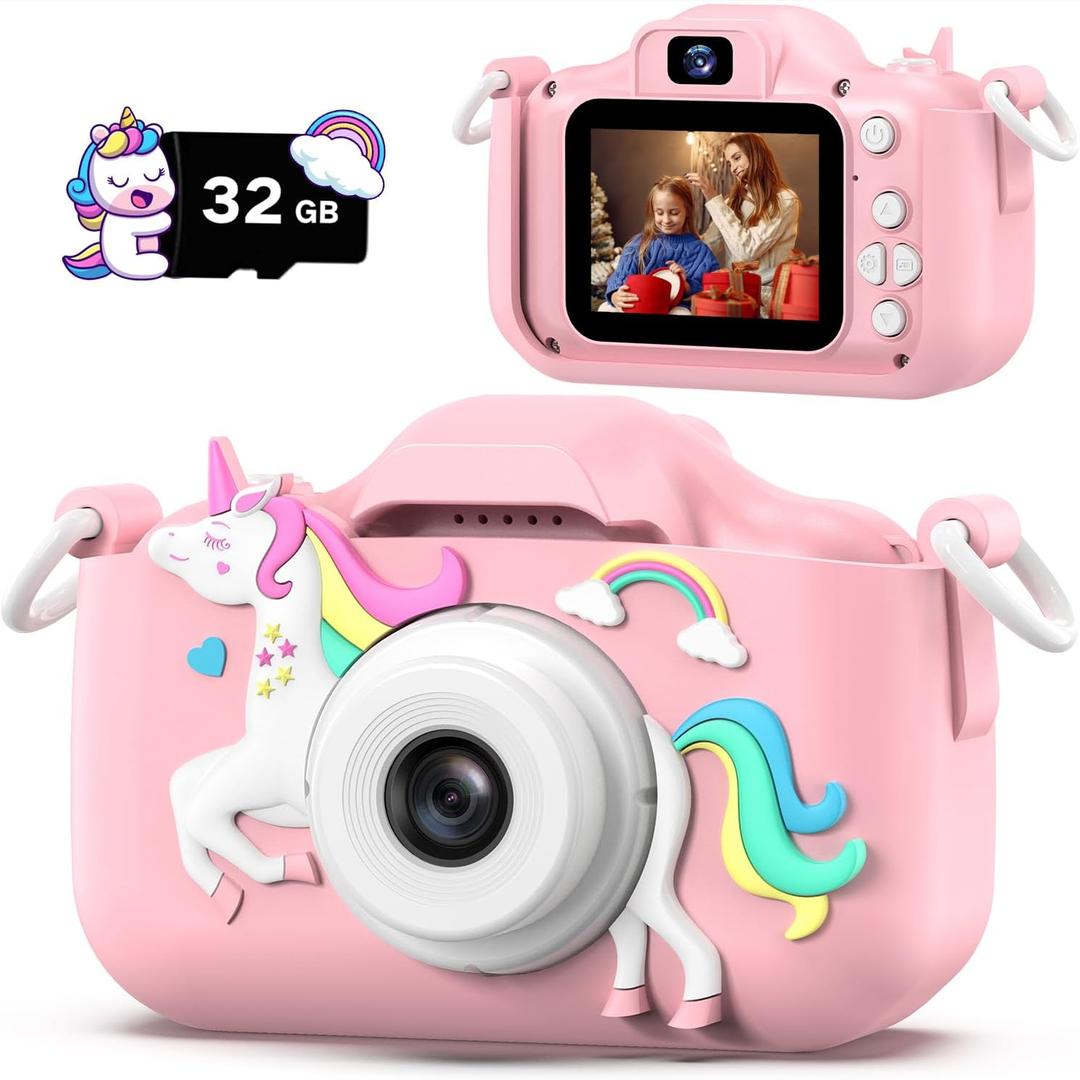Dwfit Upgrade Selfie Kids Camera, Christmas Birthday Gifts for Boys Girls Age 3-12, HD Kids Digital Video Cameras for Toddler with Cartoon Soft Silicone Cover, Portable Toy for 3 4 5 6 7 8 Years Old (Colourful Pink)