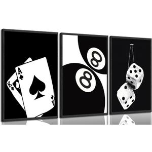 3Pcs Black and White Poker Dice Canvas Wall Art Lucky You Poster Prints Trendy Funky Preppy Y2K 8 Ball Pictures Artwork Aesthetic Painting for Game Room Apartment Dorm Decor 12x16in Unframed