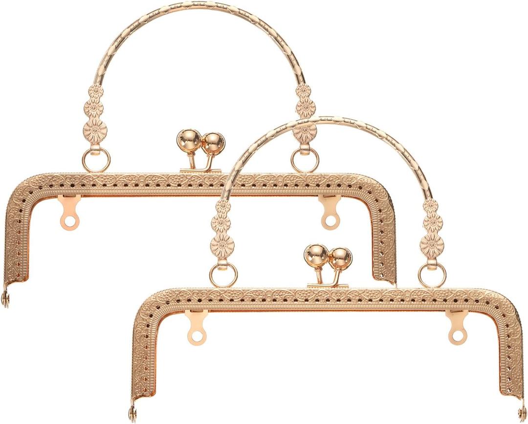 uxcell 2 Pcs Metal Purse Frame, 18cm/7.1" Retro Rectangle Kiss Lock Clasp Frame Embossed for Purse Making, Handled Bag, Coin Bag Clutch Bag, Frame Hardware Replacements (Light Gold)