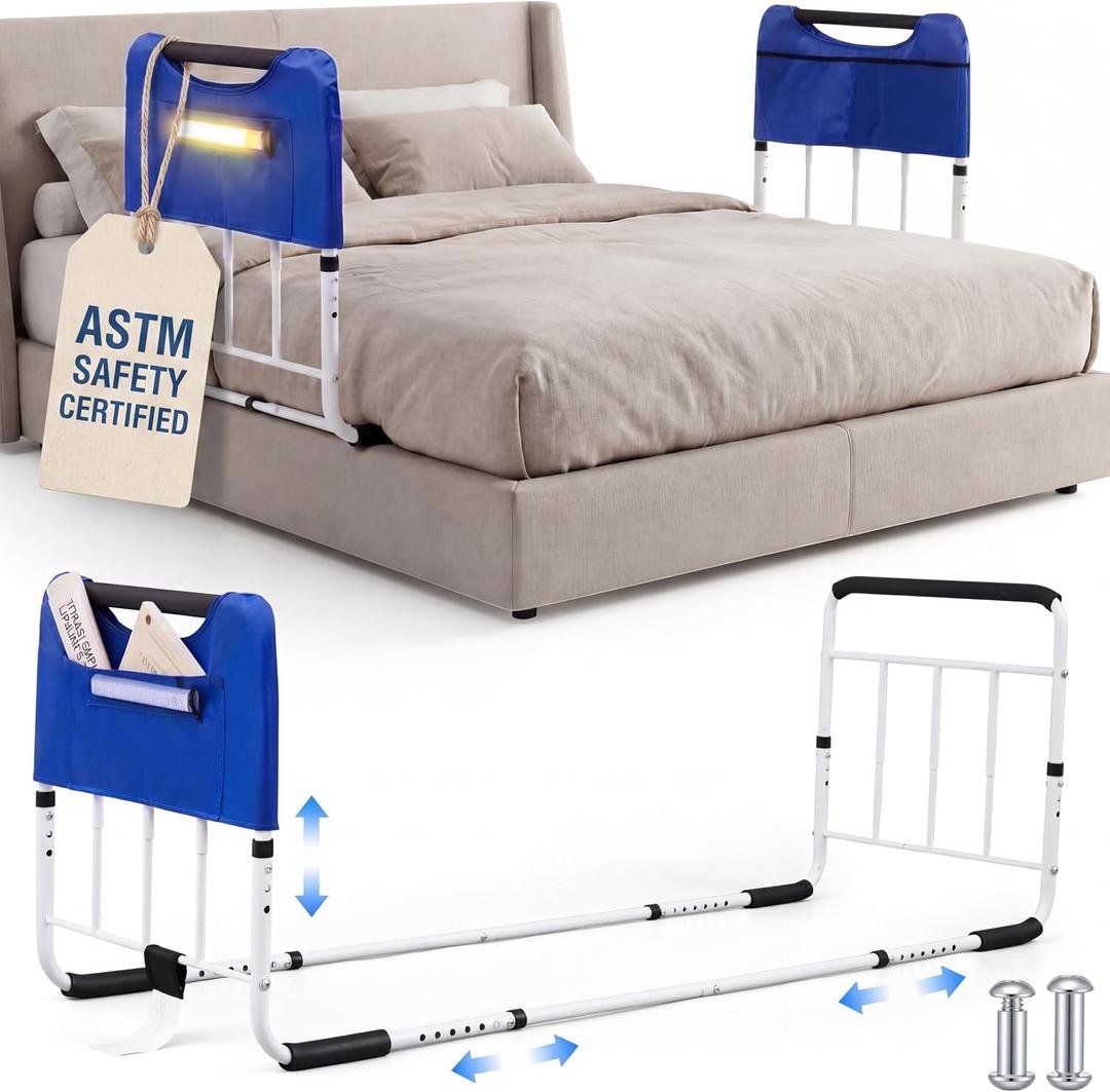 Double Bed Rail for Elderly Adults Safety, ASTM Compliant, Adjustable Bed Rail,U Bar with Sensor Light & Storage Pocket for Medical Bedside Safety Assisting Rails Fits Twin Full Queen Beds