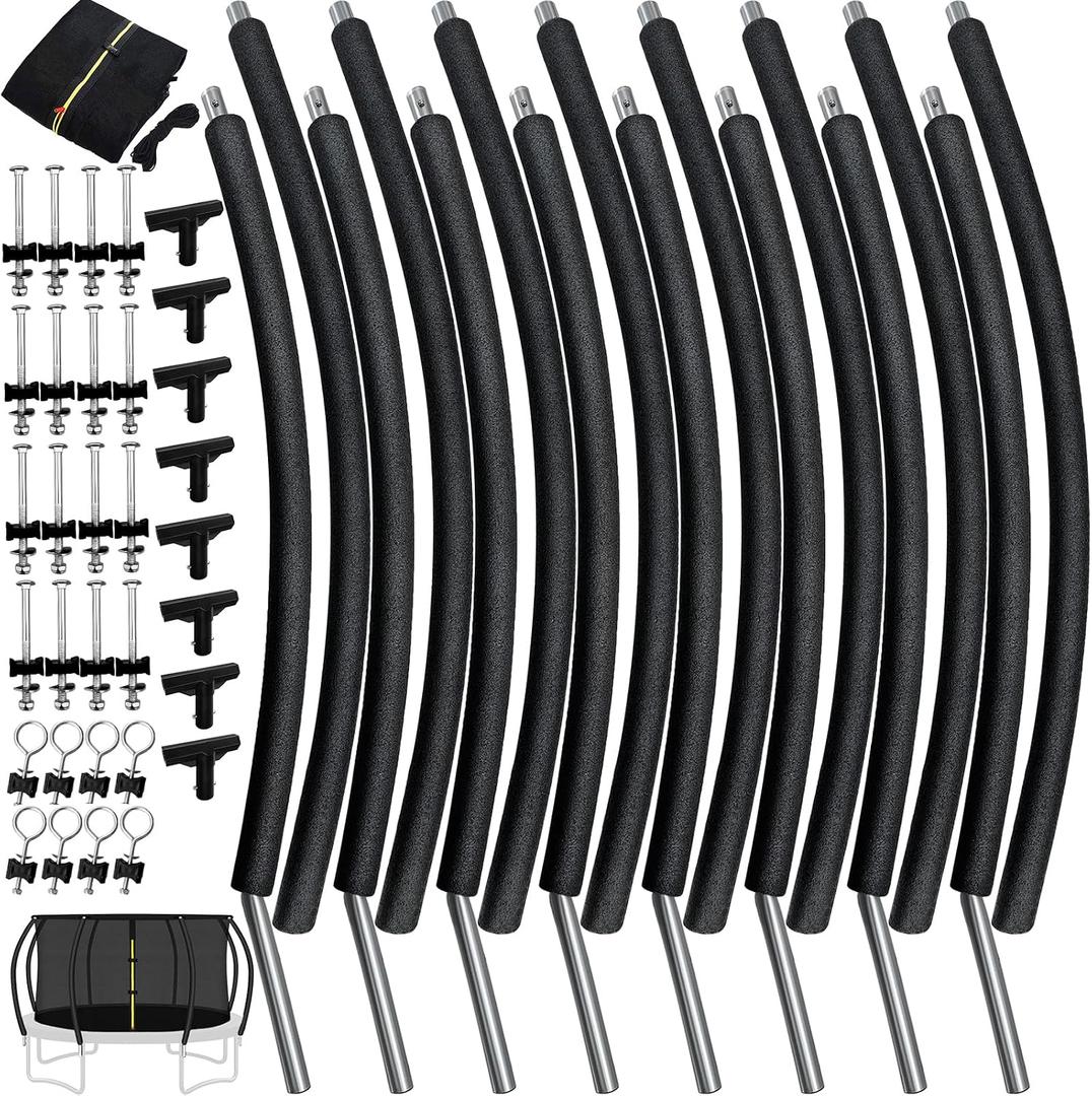 14Ft 8 Pcs Trampoline Curved Poles Replacement with Enclosure Net, Trampoline Curved Pole, Plastic T Connector, Fiberglass Rods, Mounting Hardware, Foam Padding
