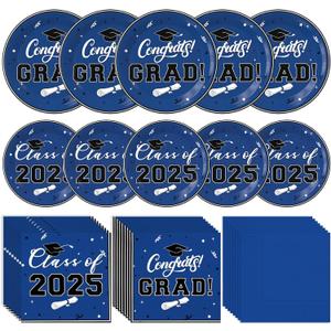 Graduation Decorations 2025, 200 Pcs Navy Blue Class of 2025 Graduations Party Supplies Kit with Paper Plates, Luncheon Napkins, Cocktail Napkins, Congrats Grad Decorations for 50 Guests (Blue)