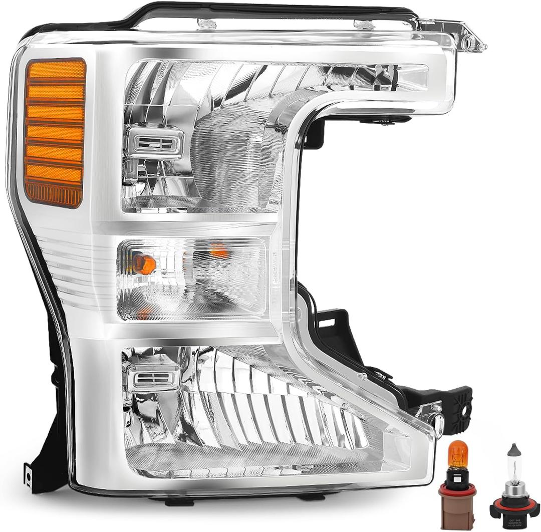 JFN Headlight for 2020-2022 Ford F250 F350 Super Duty, Fits Halogen Models Only, Chrome Housing Amber Reflector w/Bulbs, Replacement FO2503405 LC3Z13008A (Passenger Side (Right))
