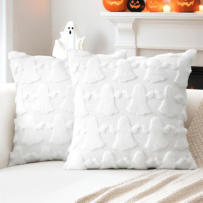 OTOSTAR Set of 2 Ghost Pillow Covers Halloween Throw Pillow Covers for Sofa Couch Bed Living Room Soft Plush Short Wool Velvet Farmhouse Throw Pillow Covers for Thanksgiving Pure White 14x14 Inch