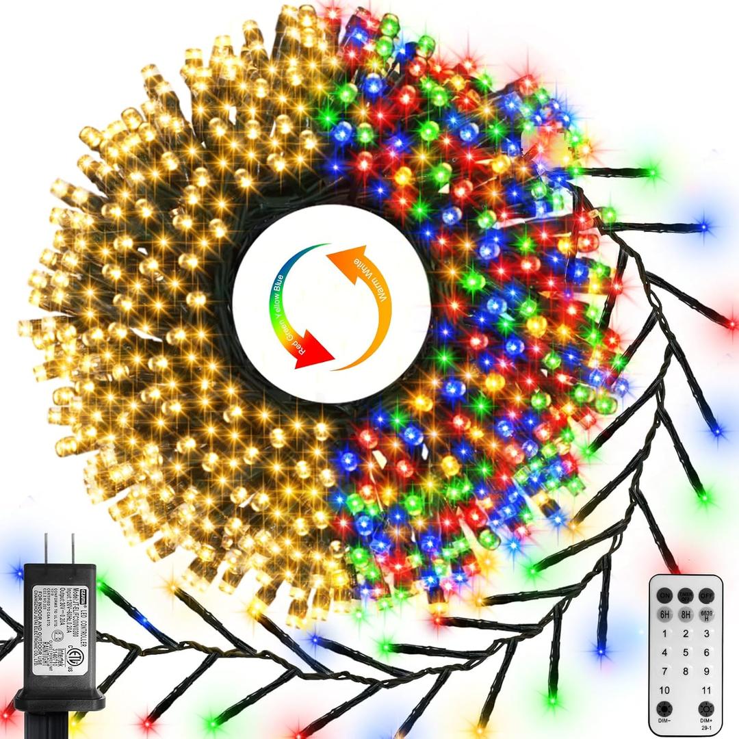 ZAIYW 50Ft 1000 LED Cluster String Lights Dual Color Changing String Lights with Remote Timer Plug in Firecracker Christmas Lights for Garden Tree Decor (Warm White & Multicolor)
