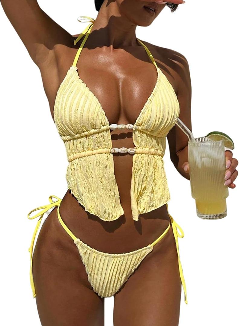 ZAFUL Halter Swimsuits for Women Textured Backless 2 Piece Bathing Suits Cheeky High Cut String Tie Side Bikini Sets (Yellow, L)