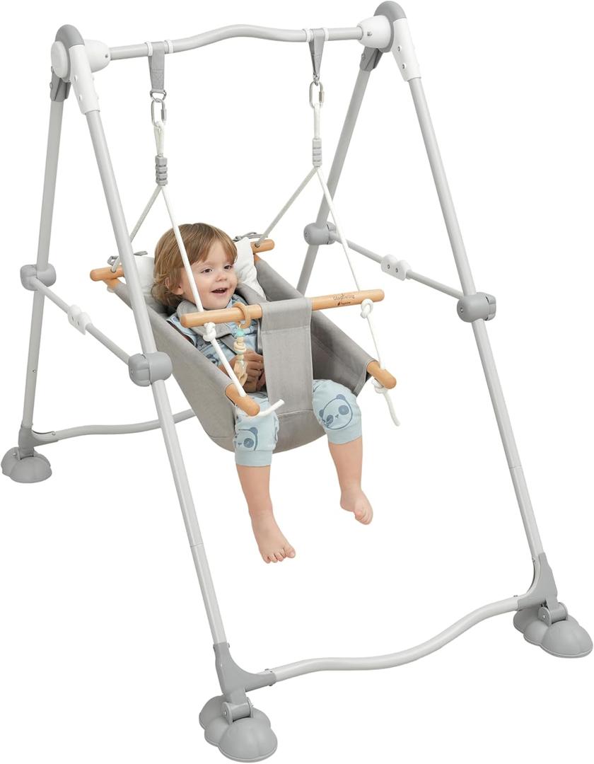 Baby Swing Set with Stand for Infant,Indoor Toddler Hammock Swing with 5-Point Safety Harness,Foldable Metal Frame, Macaron Wooden Toy,Grey and White