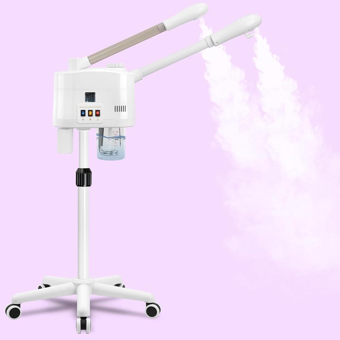 Professional Facial Steamer, 2 in 1 Facial Steamer on Wheels for Cold Mist & Hot Mist & Timer Function, Stand Face Steamer Adjustable Height for Spa, Salon and at Home use (Extra Large)