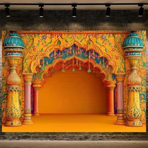 10X8fT Indian Traditional Photography Backdrop Indian Diwali Pooja Photo Background Puja Ganpati Pooja Mehndi Religious Festival Wedding Party Decoration Photo Studio Props