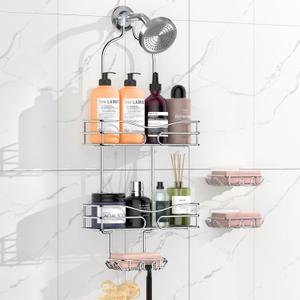 Shower Caddy Hanging - 3 Tier Over The Shower Head Caddy Anti-Swing Rustproof, Bathroom Rack Organizer With Hooks, Razor&Soap Holder, Brushed Nickel