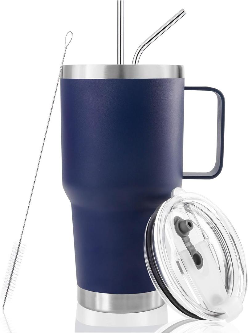 30 oz Tumbler With Handle, Double Wall Stainless Steel Vacuum Insulated Travel Mug with Splash-Proof Lid Metal Straw and Brush (Navy)