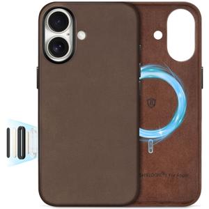 SHIELDON Top Grain Crazy Horse Leather Case for iPhone 17 6.3" 2025, Compatible with Magsafe, [Camera Button Updated], Magnetic Wireless Charging, Shockproof, Metal Buttons & Camera Bezel - Dark Brown