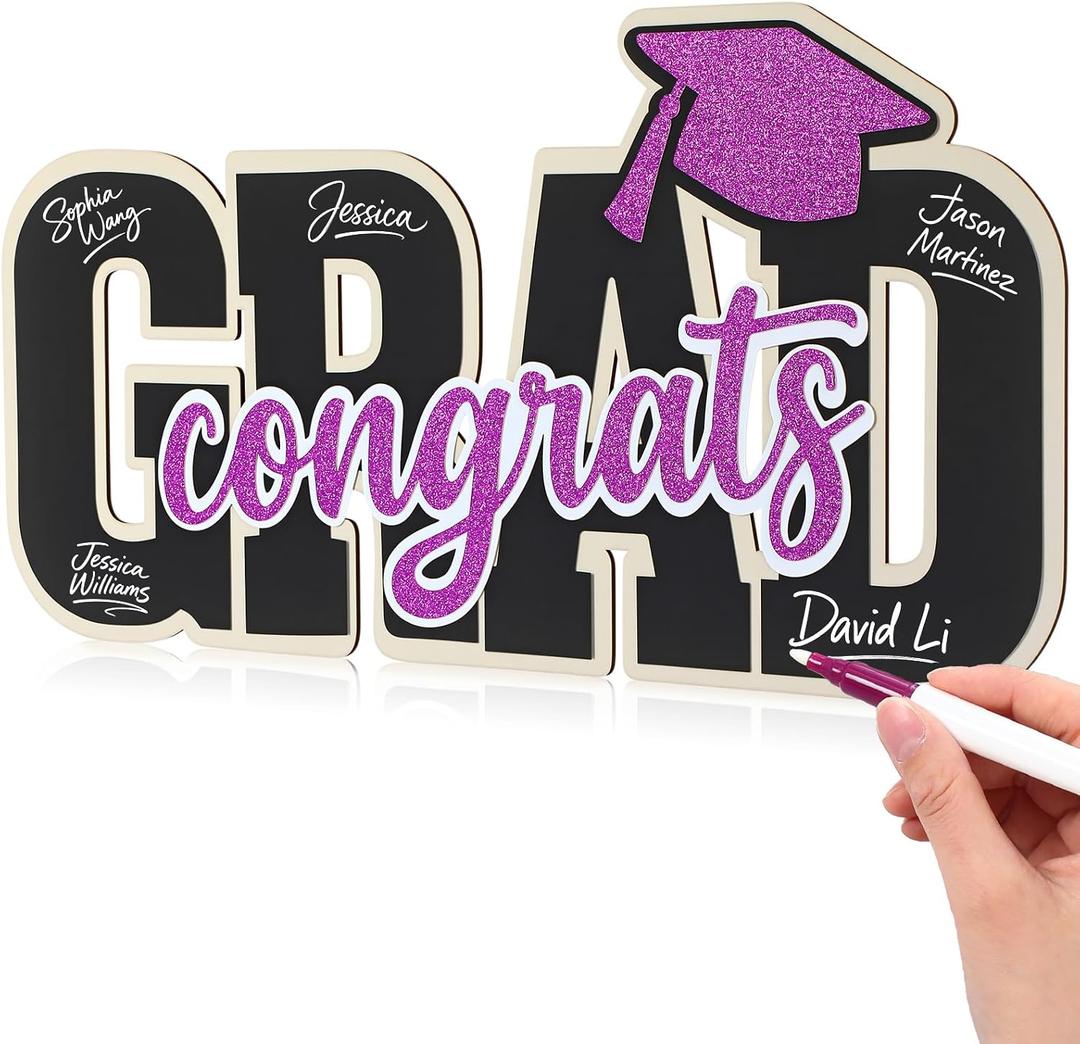 Qunclay Class of 2026 Wood Signs Graduation Party Decorations 2026 Congrats Grad Sign Wooden Signature Board with Pen Graduation Photo Booth Prop for High School College Grad Party Supplies(Purple)