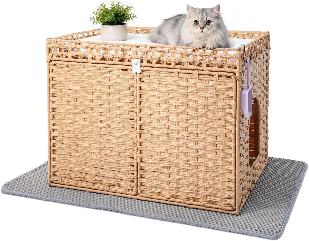 Large Cat Litter Box Enclosure Furniture, Hidden Handwoven Rattan
PE Rattan, Kitty Cabinet Included Enlarged Litter Mat, Soft Pad, S-Hook, Scoop, Spacious Interior, Metal Frame, Easy-Clean