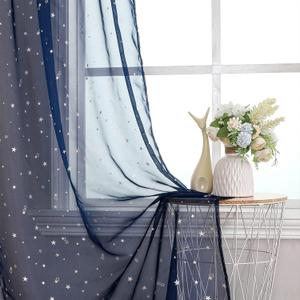 WUBODTI Navy Blue Star Curtains for Boys Room Nursery Living Room 2 Panels, Cute Silver Star Voile Semi Sheer Curtain Drapes Rod Pocket Light Filtering Kids Window Treatments,39 x 79 inch (39"W x 79"L (Pack of 2), Color 3)