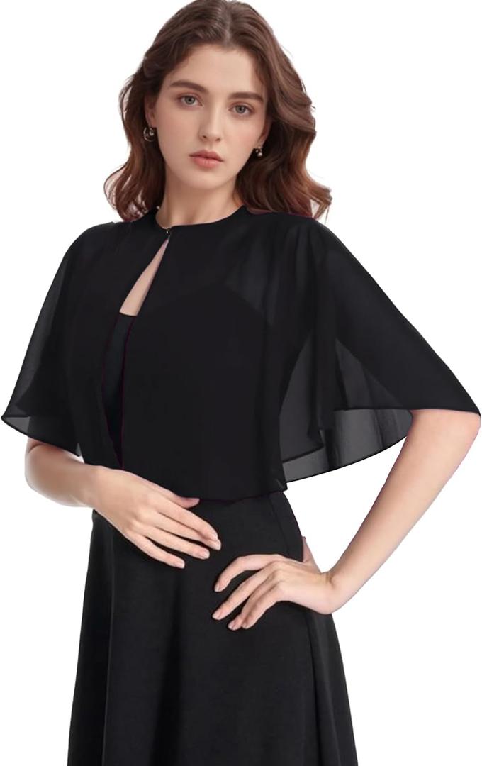 Soft Chiffon Shawl Wraps Shrug for Evening Dress Wedding Vintage Style Cape for Women (Black)