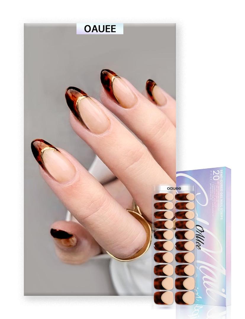 2 x Semi Cured Gel Nail Strips | Built-In Gel Top Coat | UV Light Required | Salon Quality, Easy Application And Removal (Leopard Goldtrim French)