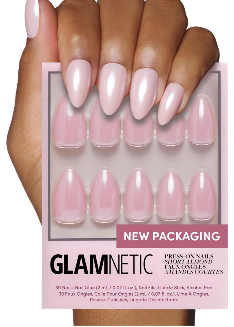 Glamnetic Press On Nails - First Kiss | Short Almond Neutral Pink Nails with a Glaze Finish | 15 Sizes - 30 Nail Kit with Glue