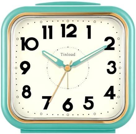 5.5" Large Analog Alarm Clock • Silent Non Ticking • Gentle Wake • Beep Sounds • Increasing Volume • Battery Operated Snooze and Manual Light • Retro Green