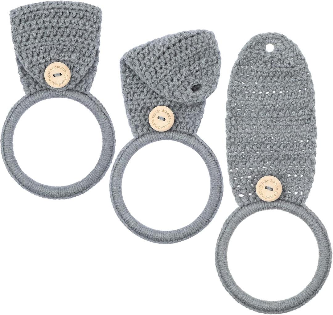 Tatuo 3 Pieces Crochet Towel Holder Hanging Kitchen Dish Towel Holder Ring Oven Handle Kitchen Bathroom Hanger for Stove(Gray)