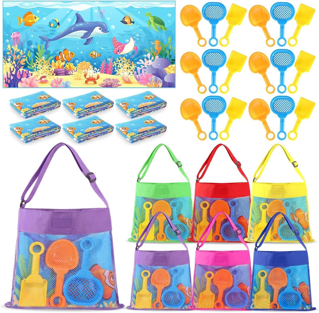 Saintrygo 6 Set Summer Beach Party Favor End of Year Gift Pool Party Favor Set with Summer Mesh Bags Beach Shovels Towels Bulk for Kids Games Pool Birthday Decor Graduation Student Gifts