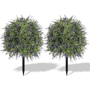2pcs Artificial Topiary Boxwood Ball with Lavender, UV Resistant Fake Plant Shrub Bushes Tree with Ground Spike for Outdoor Indoor Planter Front Porch Garden (Purple)