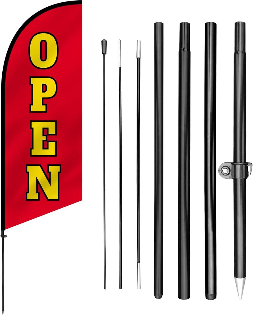 Anley 7.5 FT Open Feather Flag Banner Kit - Outdoor Swooper Advertising Flags with Pole and Stake Open Sign for Storefront, Business Promotion, Events, Trade Shows Weather Resistant & Easy Setup