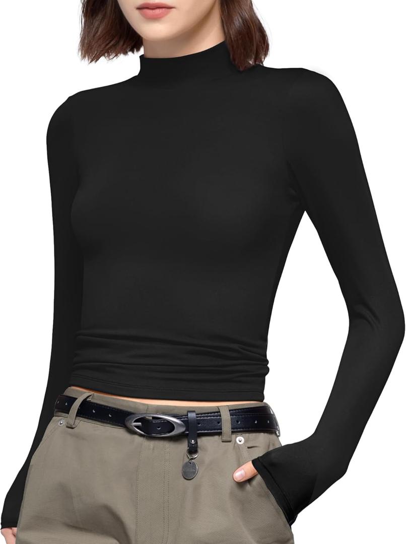 PUMIEY Women's Long Sleeve T Shirts Mock Turtleneck Slim Fit Tops Sexy Basic Tee Smoke Cloud Pro Collection (Medium, Jet Black)