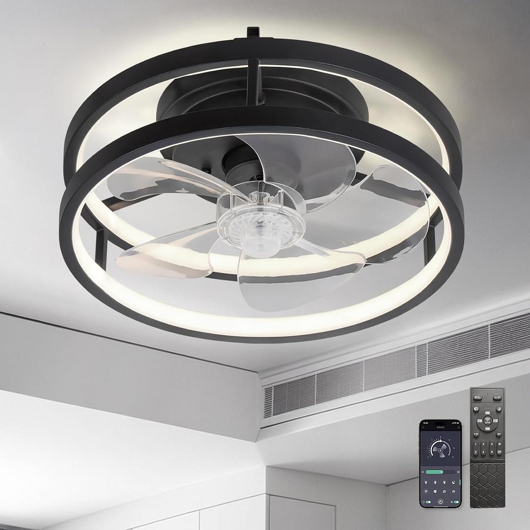 13" Small Ceiling Fan with Light with Remote Low Profile Flush Mount Fandalier LED Fan Light with App,Modern Ceiling Fans for Bedroom, Black