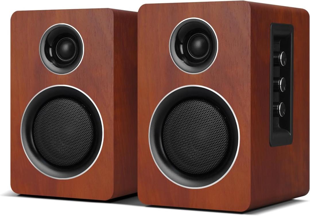 Computer Speakers for Desktop PC, Active Bookshelf Speaker with 3‘’ Carbon Fiber Woofer and Silk Film Tweeter , Supports Bluetooth 5.3, USB-C, AUX/ RCA Input for Record Player TV - Brown Stereo Set