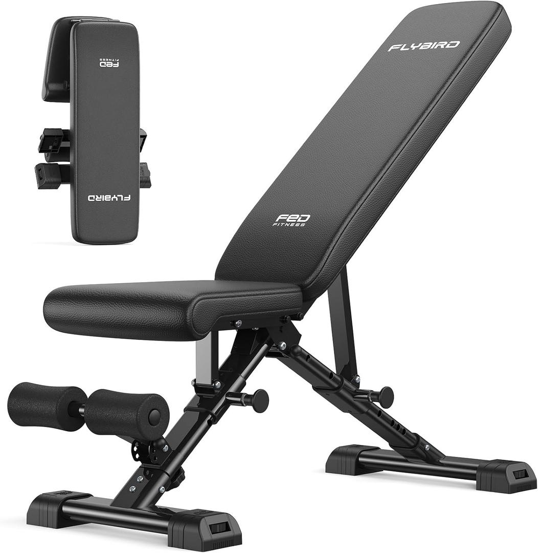 FLYBIRD WB5 Weight Bench, ASTM-Certified 800LBS Adjustable Weight Bench Workout Bench Foldable for Home Gym, 90 to -30 FID and 30in Extended Backrest for Bench Press Strength Training Exercise, 46x13x48.5 Inches