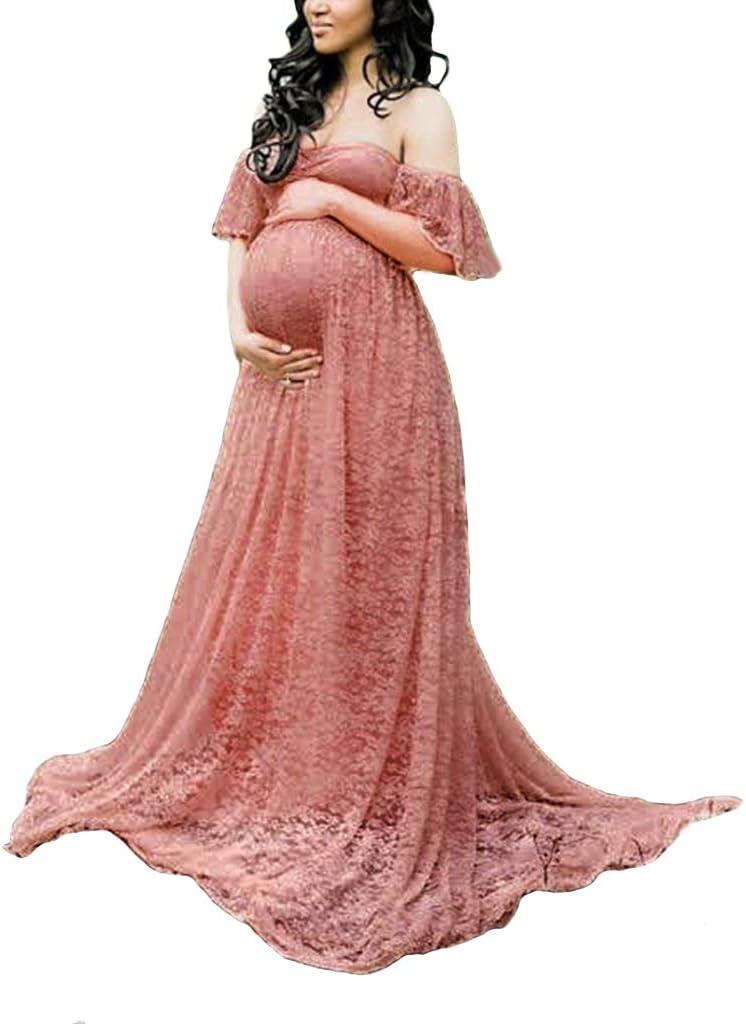 Maternity Photography Props Floral Lace Dress Fancy Pregnancy Gown for Baby Shower Photo Shoot (XX-Large, Pink Carnation)