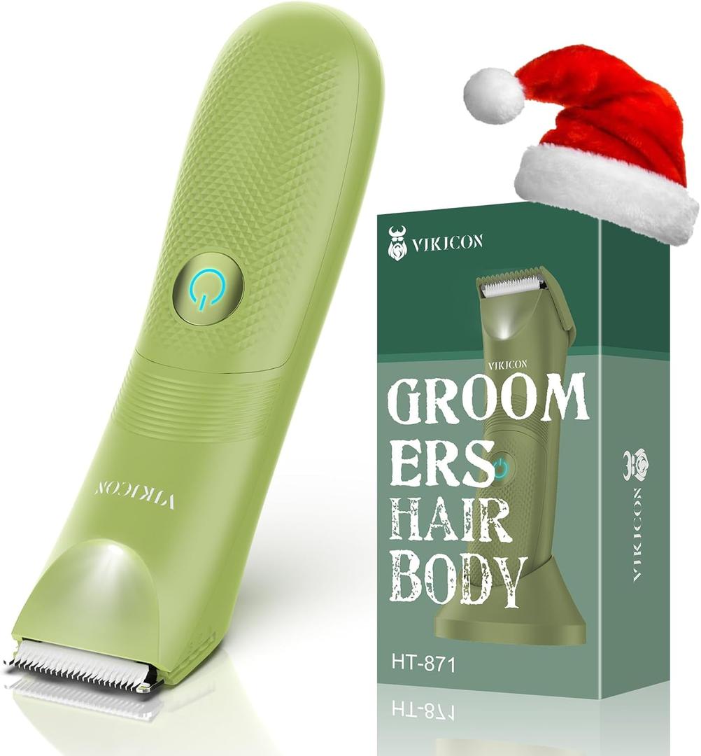 VIKICON Ball Trimmer for Men, Waterproof Groin & Pubic Hair Trimmer for Men w/Light & Ceramic Blade, Manscape Body Groomer Kit, Electric Razor Shavers - No Nicks, Gifts for Him (Green)