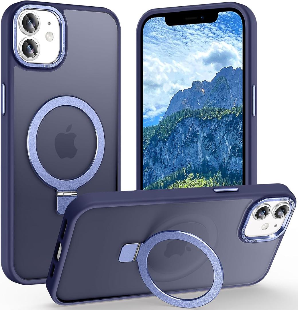 Magnetic for iPhone 12/12 Pro Case with Ring Stand, [10 FT Drop Protection] [Velvety Touch] Slim Translucent Matte Back Shockproof Phone Case for iPhone 12/12 Pro 6.1'', Blue
